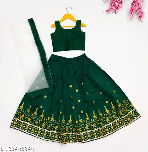 Taffeta silk lehenga choli for kids girls, embroidered with net dupatta - Indian bridal wear for 2-6 year olds