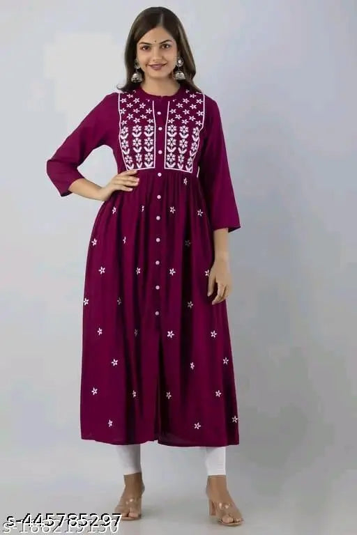 Maroon rayon three-quarter sleeve long calf-length women's front cut anarkali kameez dress with embroidery