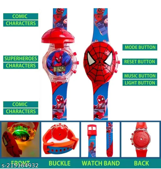 Multicolored LED digital light kid's watch with music, Spider-Man theme, glowing light, black strap