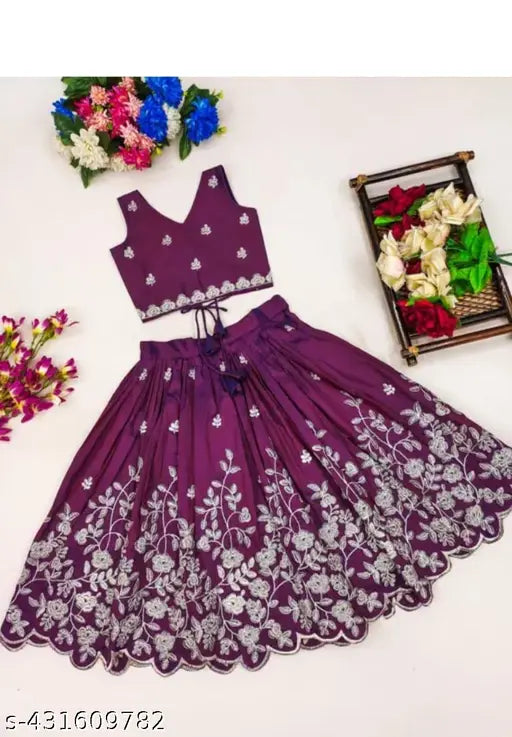 Purple embroidered taffeta silk Lengha Choli for 4-year-old girl, Indian craftsmanship