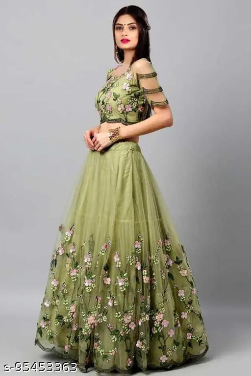 Embroidered semi-stitched pista lehenga choli set in net fabric, showcasing intricate embroidery details