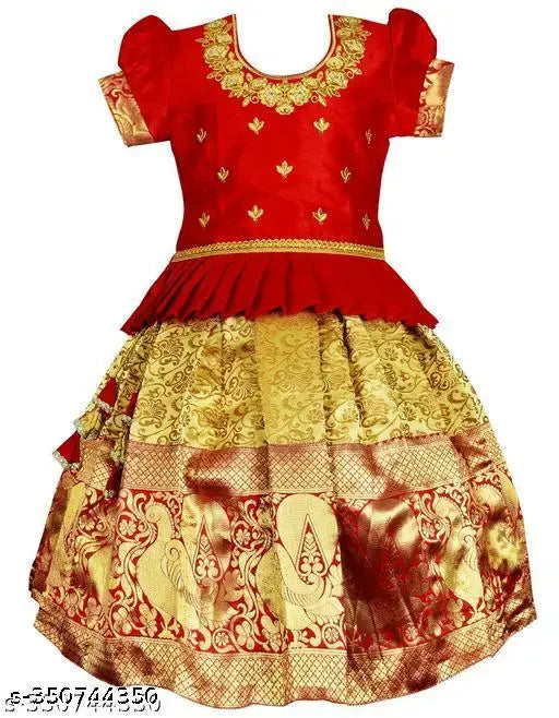 Dupion silk, embroidered Lehenga Choli set for kids girls (16in-22in), traditional Pattu Pavadai style, suitable for festivals and parties