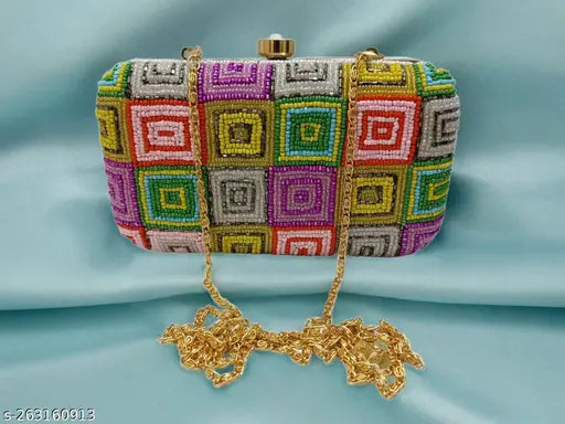 Fashionable, multicolor embroidered, beaded, long clutch purse with a gold chain