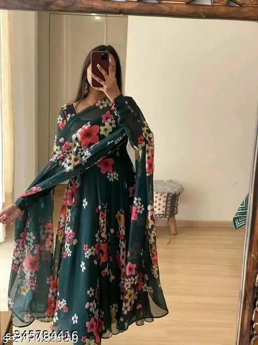 A person in a black georggatte kameez with flared sleeves
