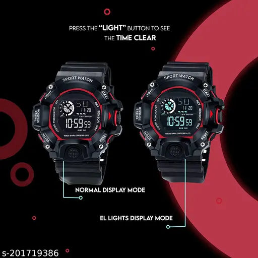 Fashionable black sports watch with a digital display, waterproof feature, and a sporty strap