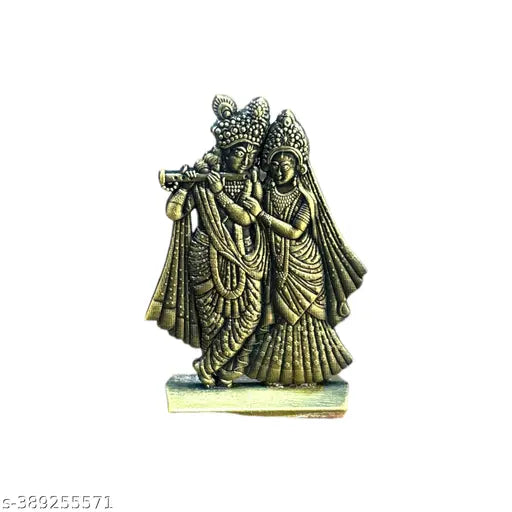 Oxidized gold Hindu Radha Krishna statue (5cm x 6cm), Indian religious idol for car dashboard or home decor, handcrafted metal showpiece