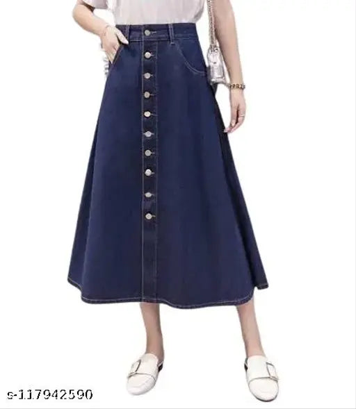 Trendy Women's Solid Denim Stretchable Skirt with Front Pocket - Available in sizes 26-44 (India)