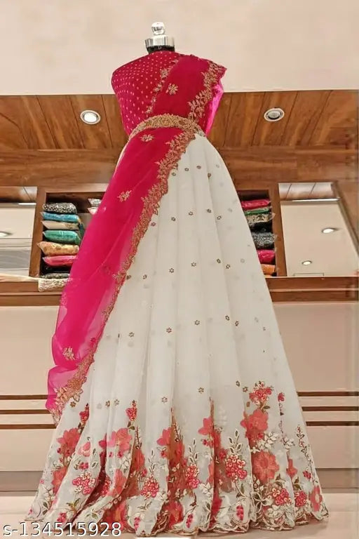 Embroidered dupion silk lehenga and net dupatta set, intricate embroidery designs for Navratri season