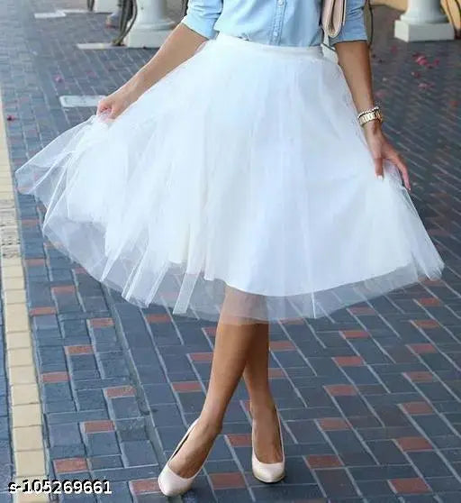 TuTu white net western-style skirt, solid pattern, Indian-made, size options include 28, 30, and 32 inches waist and length