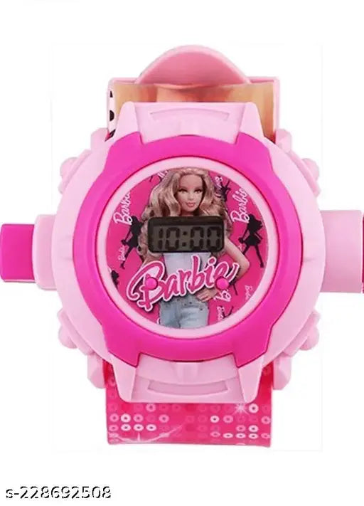 Pink and white Barbie projector watch with cartoon character, 24-hour format