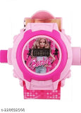 Pink and white Barbie projector watch with cartoon character, 24-hour format