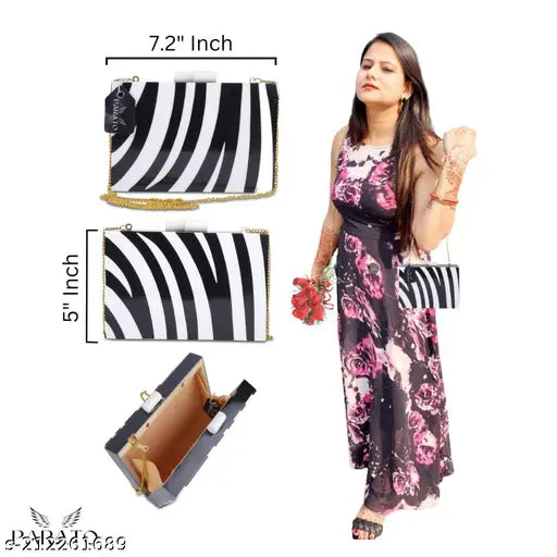 Black and white resin and wood style clutch handbag with sling strap