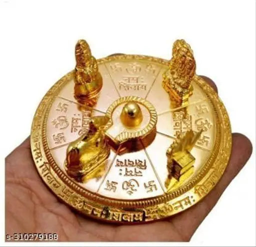 Gold-plated brass Shiv Parivar idol with Shivling, Kartik, and Ganesh - decorative showpiece (9cm x 9cm x 4cm)