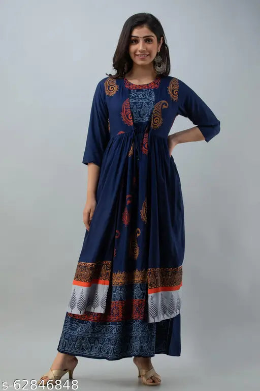 Blue printed rayon kurta with shrug jacket on model, Indian women's fashion, three-quarter sleeves, rayon fabric
