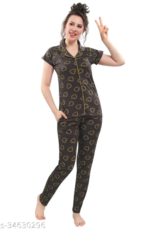 Ash grey hosiery half sleeve shirt and pyjama night suit, printed net design for women's lounge wear, perfect for daily home wear and comfort. Made from hosiery fabric in India