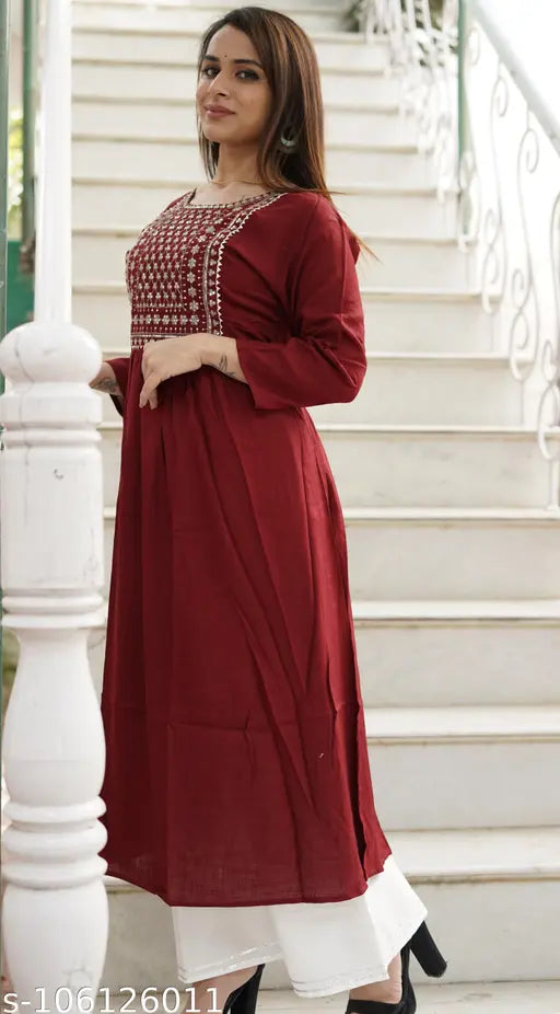 Rara Handicrafts Women's Rayon Regular Kurta with intricate embroidery - Solid, calf-length, round neck, three-quarter sleeves, adult size XXL, Indian origin
