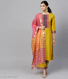 Designer mustard cotton kurti set for women's, solid-patterned three-quarter sleeve bottomwear, India-origin fashion