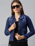 Dark blue denim jacket for women/girls, long sleeves, solid design. Perfect layering piece for summer and winter seasons