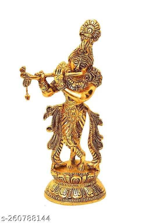 Metal Krishna statue playing flute, decorative showpiece for home, temple, office, gifting - 22cm x 6cm x 10cm, Indian origin