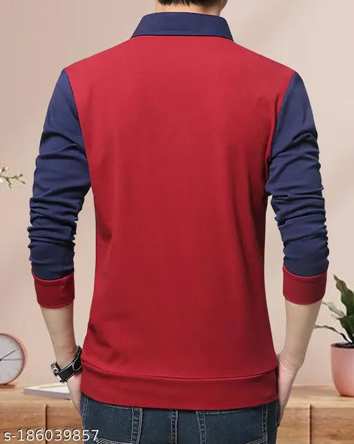 Red cotton blend long sleeve polo t-shirt for men by Eyebogler, great for various occasions and softens with each wear