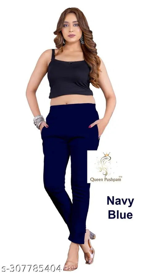 Blue cotton pants for women, elastic waistband