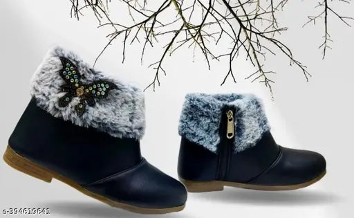 Synthetic leather butterfly fur boot for kids (size 18-21 months to 9 years), vibrant and playful design with zip net detail