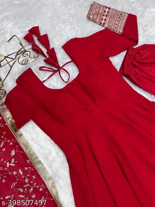 Red georgette anarkali dupatta set with matching panto pants, gold zip details
