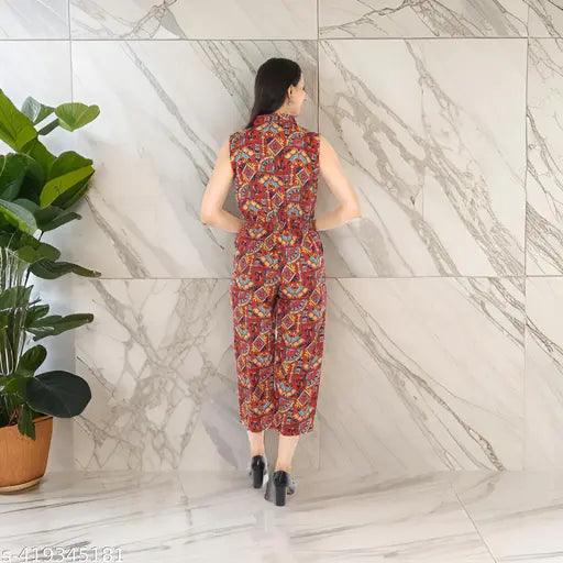 Multicolor printed crepe jumpsuit, vibrant design, Pearl N Vera women's wear, high-quality poly crepe fabric, short sleeves, versatile for casual or special occasions