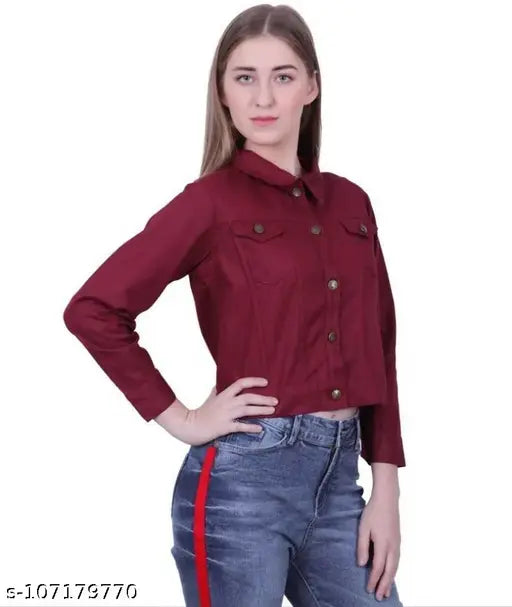 Maroon denim full sleeve jacket, solid pattern women's wear, made in India
