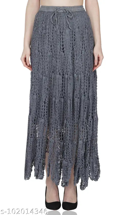 Grey acrylic solid-pattern long skirt for women, size varies between XS to XXXL (e.g., 26 with waist 12in/length 32in, 38 with waist 15in/length 36in)