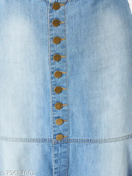 Denim blue mini skirt by Miss Chase, solid straight cut with ombre effect, regular fit and button closure. Available in sizes 26, 28, 30, 32, 34 (waist 26-34, length 19-20in, hip 34-42in). India origin