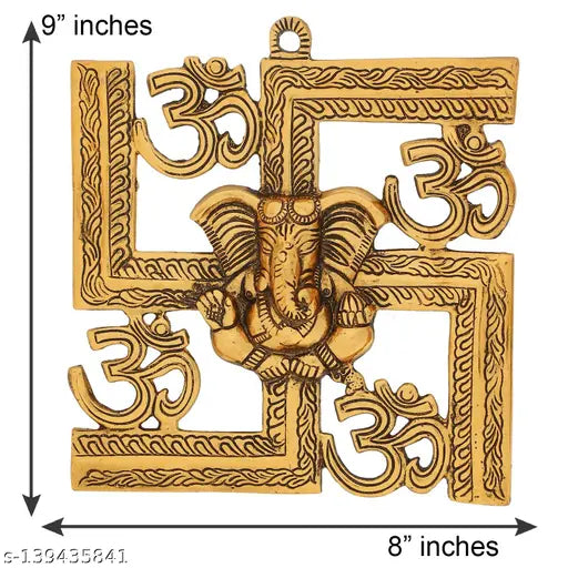 Metal net wall hanging, Lord Ganesha on Swastik with Om decorative, modern religious idol art for home decor gifting