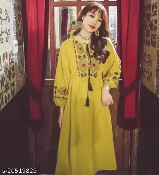 Rayon embroidered kurti for women, trendy three-quarter sleeves, XL (bust size 42in), Indian handcrafted fashion