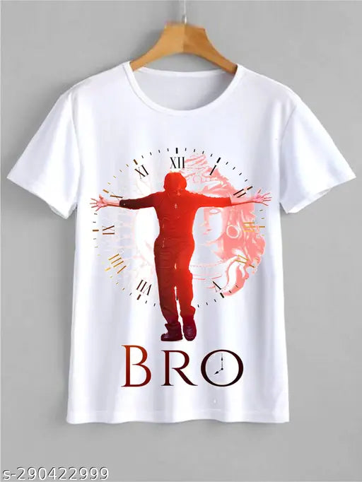 Polyester short sleeve 'Bro Movie' t-shirt featuring 'Ustaad Bhagat Singh', 'MY God Kalyan', and 'Janasena' prints. Available in sizes M, L, XL, XXL. Made in India