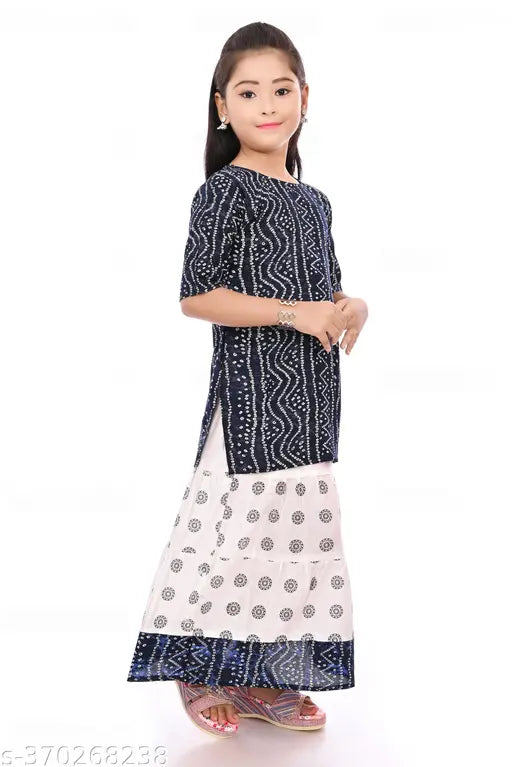 Navy Blue Rayon Kids Girls Jaipuri Printed Kurti Skirt Set with three-quarter sleeves, popular Indian traditional attire