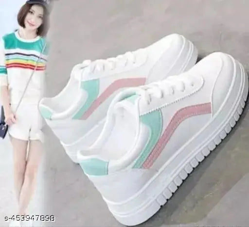 White synthetic casual sneakers for women, colorblocked design with PVC sole, lace-up fastening, displaying multiple sizes from N3 to N8