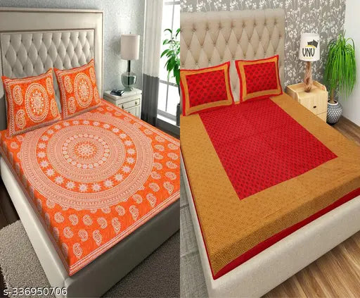 Red Jaipuri double bedsheet combo with 2 pillow covers, cotton, with floral design.