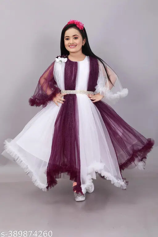 Kids girls party dress, printed net with long sleeves, Indian handcrafted