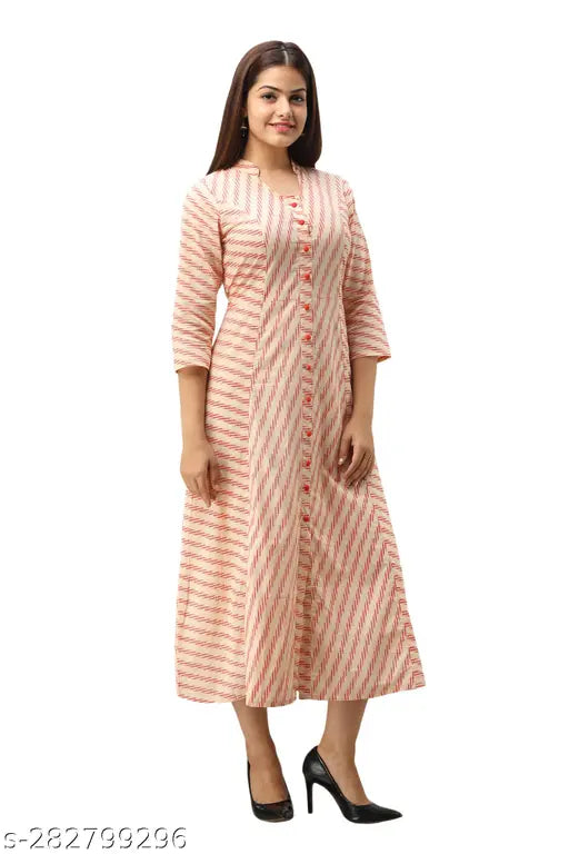 Orange Rayon-Cotton Blend ALine Kurta with Striped Print - Ethnic Women's Fashion, India