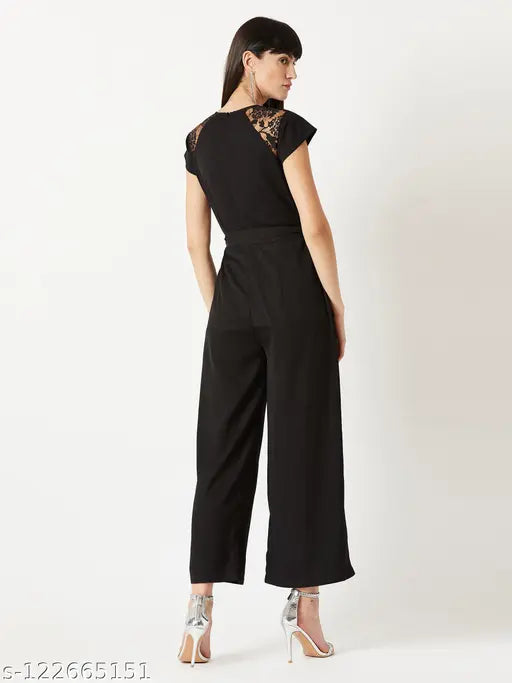 Black crepe solid round-neck jumpsuit with short sleeves, Miss Chase brand, XS to XL sizes available