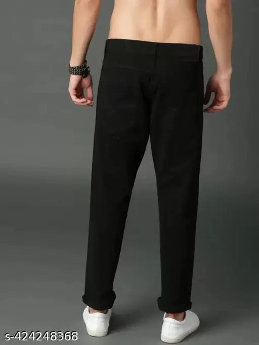 Men's black straight pants, high-quality cotton jeans with slime fit and ankle length. Dyed/washed, polycotton, size options available (28, 30, 32, 34). Made in India