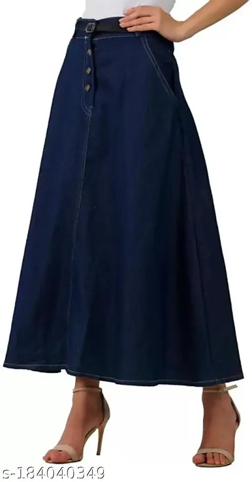 Blue stretchable denim skirt with side pockets, perfect for western style. Mid-length, versatile and comfortable. Available in sizes 26-44