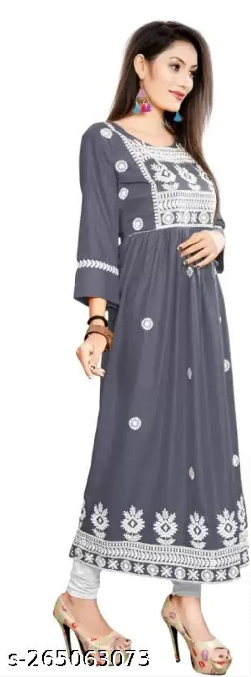 Rayon embroidered kurta with three-quarter sleeves, Indian women's fashion, KUNJAL brand