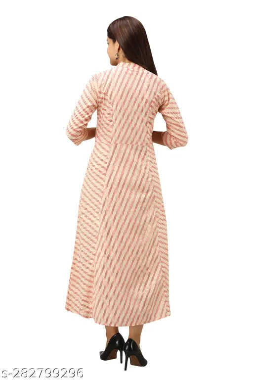 Orange striped rayon cotton blend A-line kurta, three-quarter sleeves. Indian ethnic women's fashion in soft color and geometric print