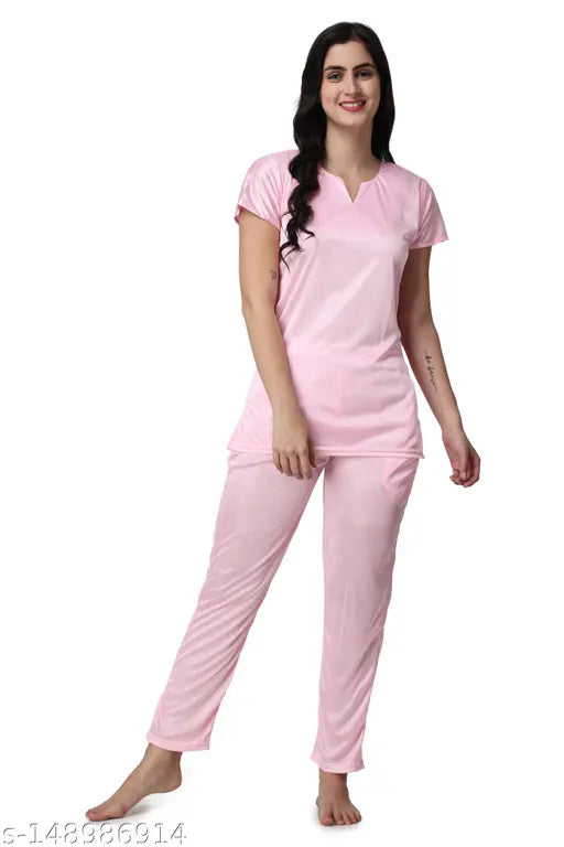 Satin night suit for women, free size (bust 32-36), comfortable sleepwear in solid design, Indian origin
