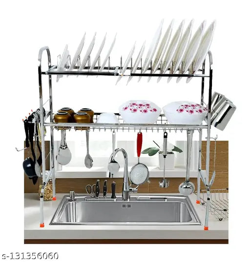 Stainless steel dish rack with utensil stand, space saving design for kitchen organization