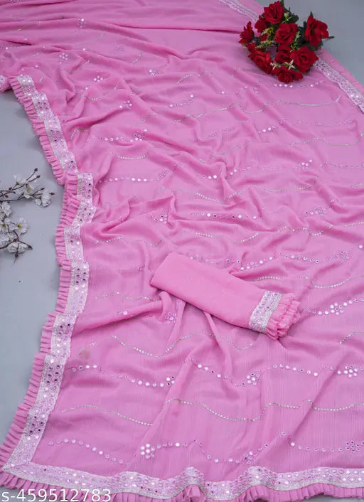 Pink and white embroidered georgette sari, with a separate blouse piece