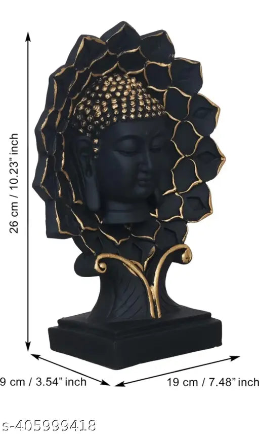 Black and golden polyresin Buddha statue on lotus with stand (26 cm), handcrafted by Indian artisans. Ideal for home or office decor