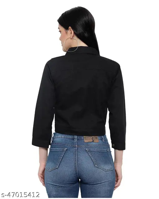 Comfy cotton blend women's waistcoat jacket, solid color, long sleeves, trendy denim style from JF || Johar Fashion