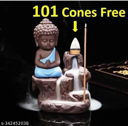 Resin Buddha Backflow Smoke Fountain with 101 cone incenses, Indian-crafted, windless waterfall design